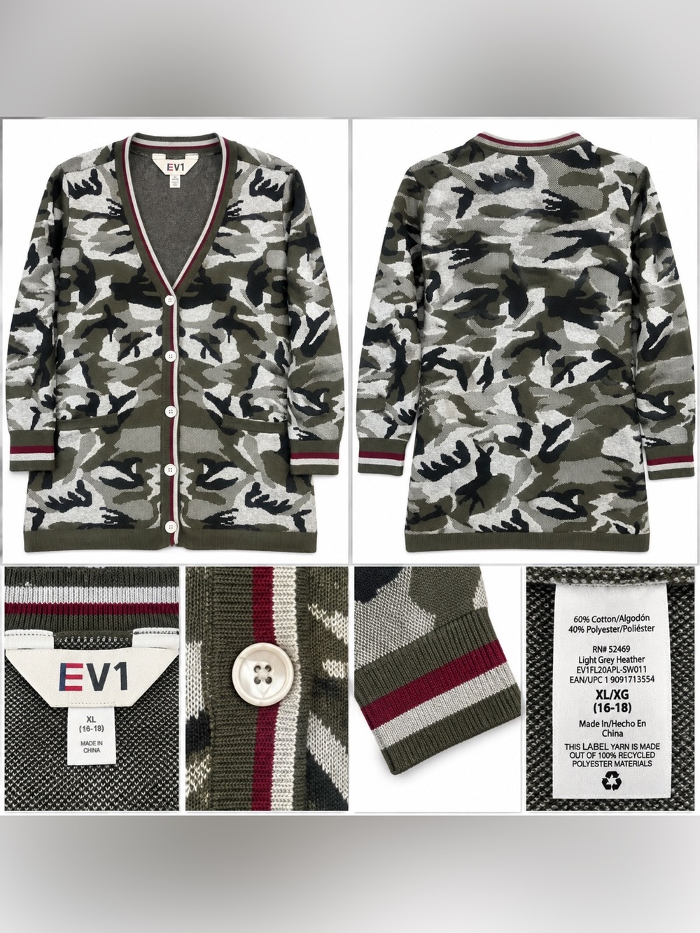 EV1 Ellen DeGeneres Women’s XL Camo Long Cardigan Sweater Button Front